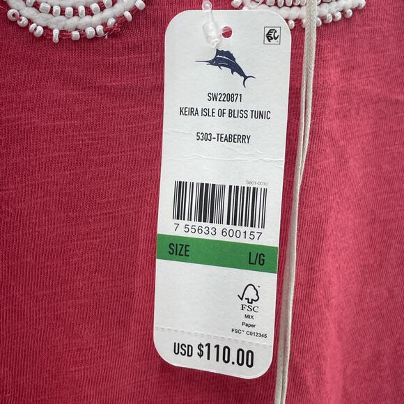 Tommy Bahama Women L Kiera Isle Of Bliss Beaded VNeck Tunic Top Coral Red Resort - Picture 6 of 11